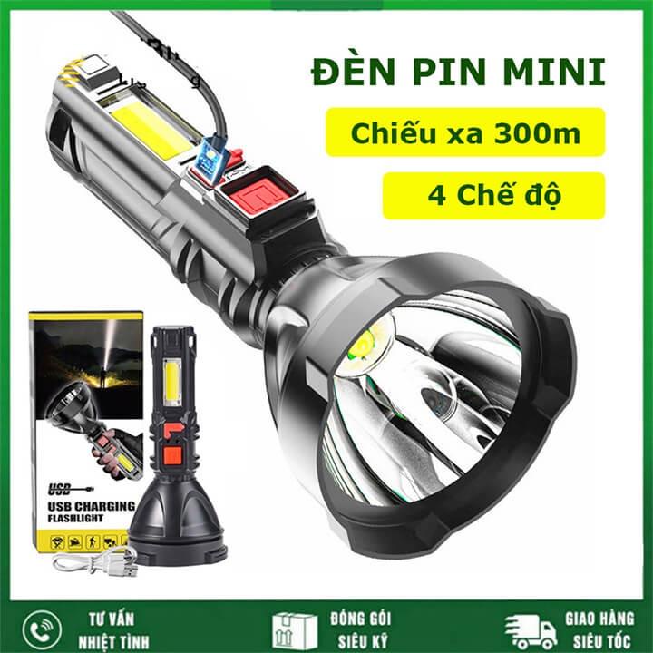 Đèn pin cầm tay siêu sáng chiếu xa 300m, đèn pin MINI pin trâu chống thấm nước Ip65, Kèm cap sạc Micro USB
