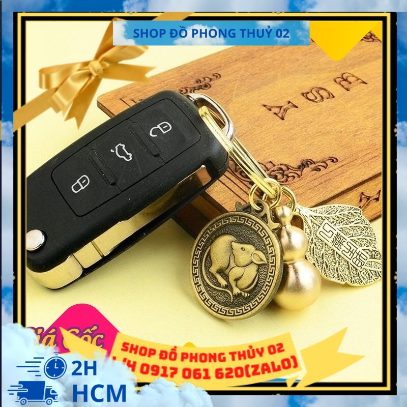 Móc Khoá 12 Con Giáp Phong Thuỷ Đồng Nguyên Chất thu hút tài lộc - Bộ 3 Món(Đồng Xu 12 Con Giáp-Bầu hồ Lô-Lá Tiền Vàng)