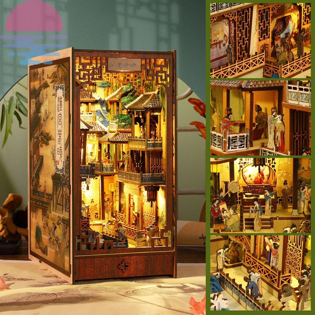 Diy book nook kit 3d xếp hình bằng gỗ giá sách chèn trang trí với cảm biến led ánh sáng diy miniature dollhouse model kit shops shopkc0122