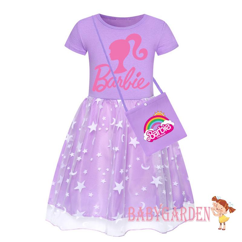 Đầm Công Chúa barbie Tay Ngắn Phối Lưới In Chữ Kèm Túi Đeo Chéo Dễ Thương Cho Bé Gái 3-12 Tuổi