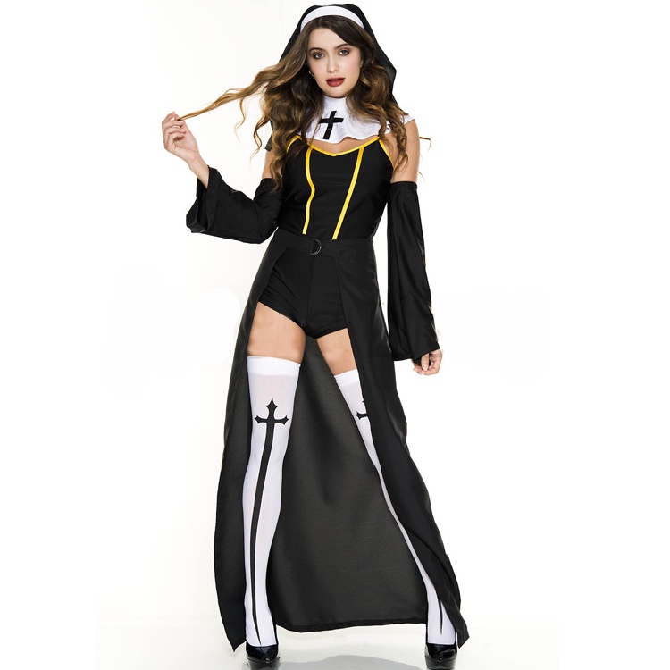Halloween dành cho người lớn của phụ nữ màu đen pastor virgin mary nun costume 6-piece set