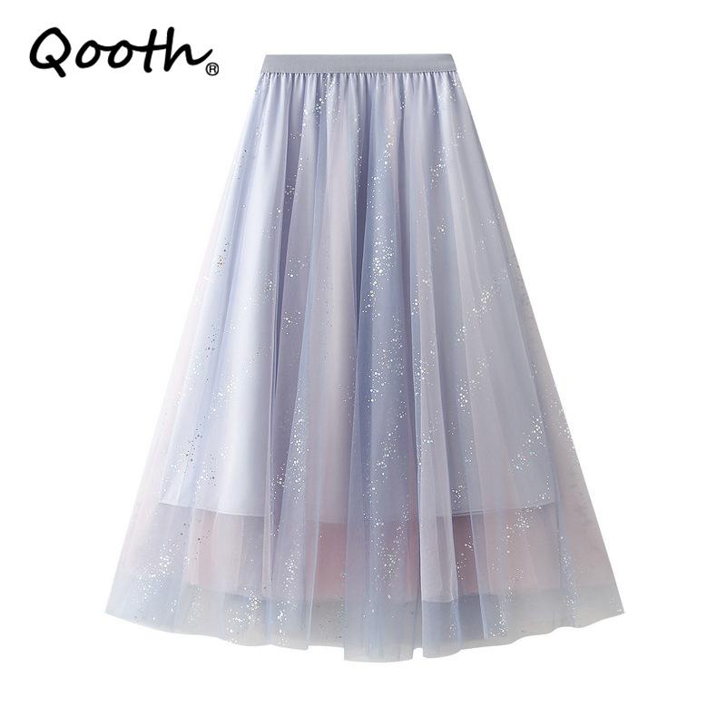 Qooth phụ nữ sáng bóng fairy tulle gạc váy thanh lịch ngọt ngào đàn hồi eo midi lưới váy cho tất cả các mùa qt2201