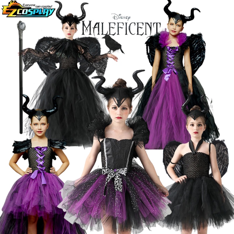 Disney maleficent costume dress halloween girls fancy christening black glam gownprom kids cosplay demon queen quần áo phù thủy
