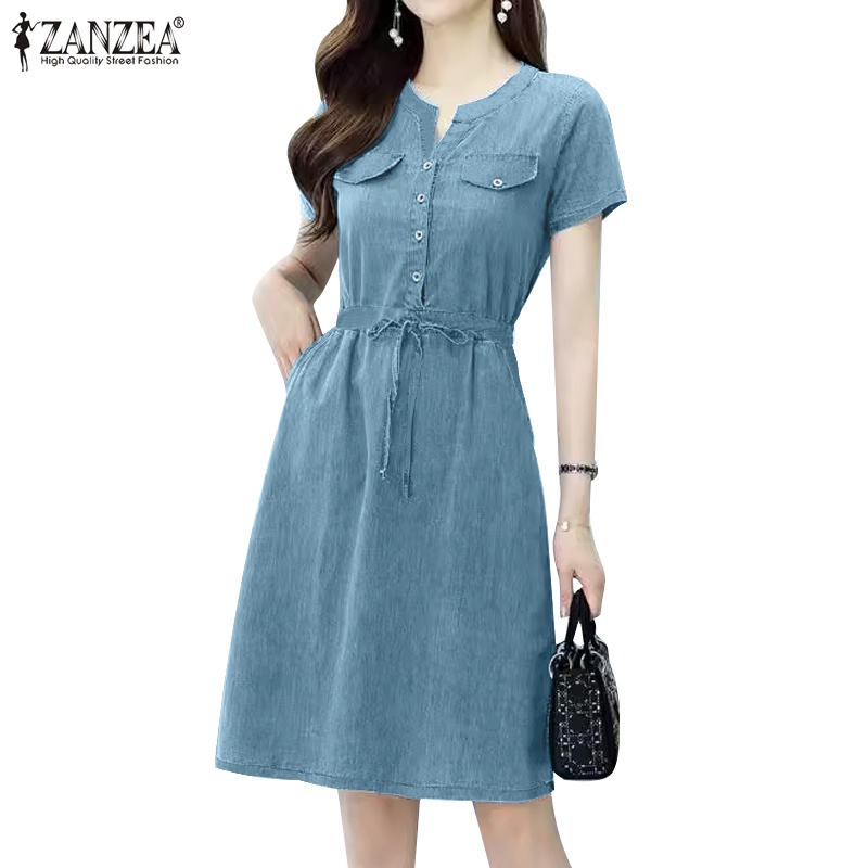 Zanzea phụ nữ hàn quốc tay ngắn v-cổ eo dây rút váy denim | BigBuy360 - bigbuy360.vn