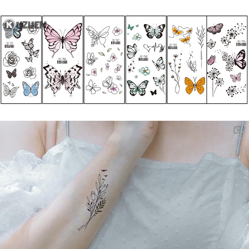 Kuzhen không thấm nước hình xăm tạm thời dán bướm đen hoa hồng chuyển flash tatoo hot