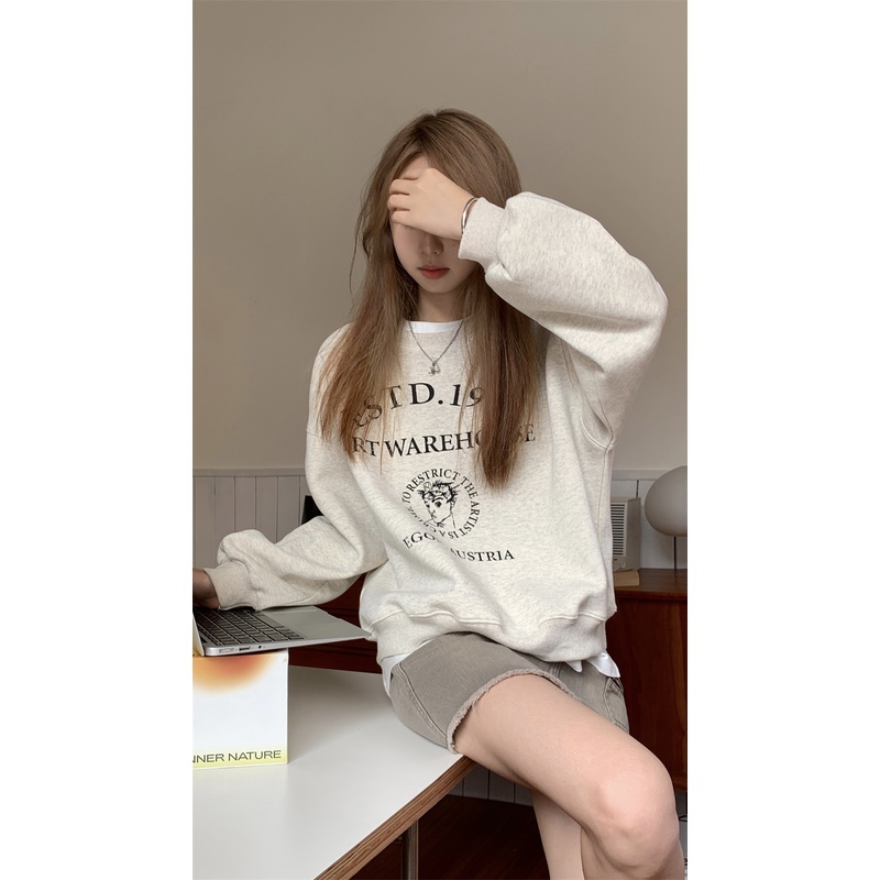 Thin, thickened fleece-lined sweater women's round neck printed MC clothing 5R0P