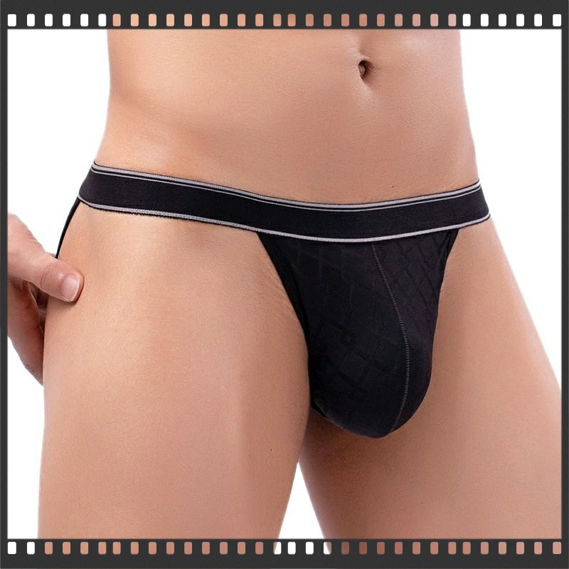Đồ lót nam màu đen mới ice silk jacquard ren high slit briefs thấp sexy t-shaped quần lót co giãn thoáng khí