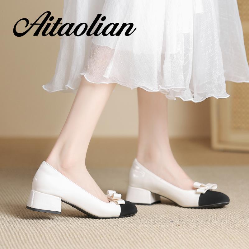 Giày Cao Gót 4cm Da Mềm Mũi Vuông Phong Cách Anh Quốc