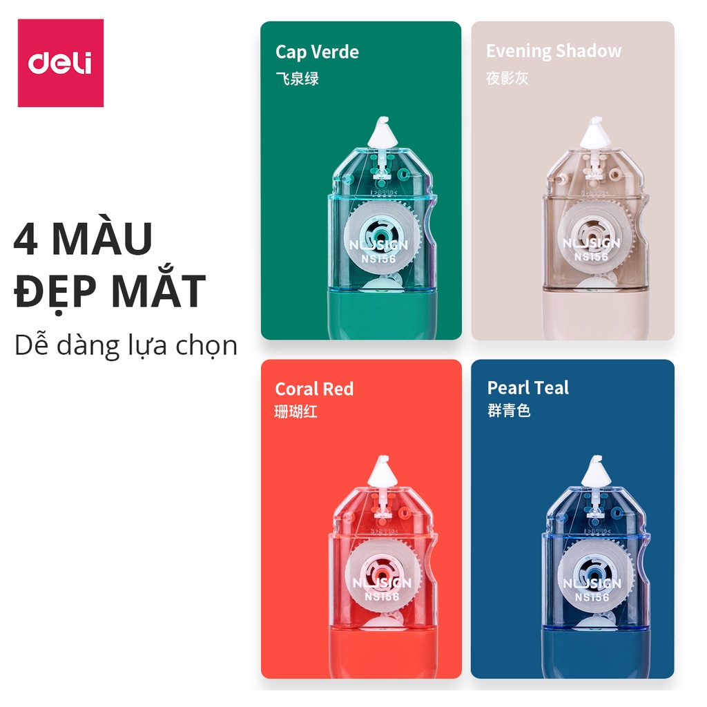 Bút xóa băng kéo 6m dạng film cao cấp Deli - Kích thước 6mx5mm - Trắng/Đỏ/Xanh dương/Xanh lá