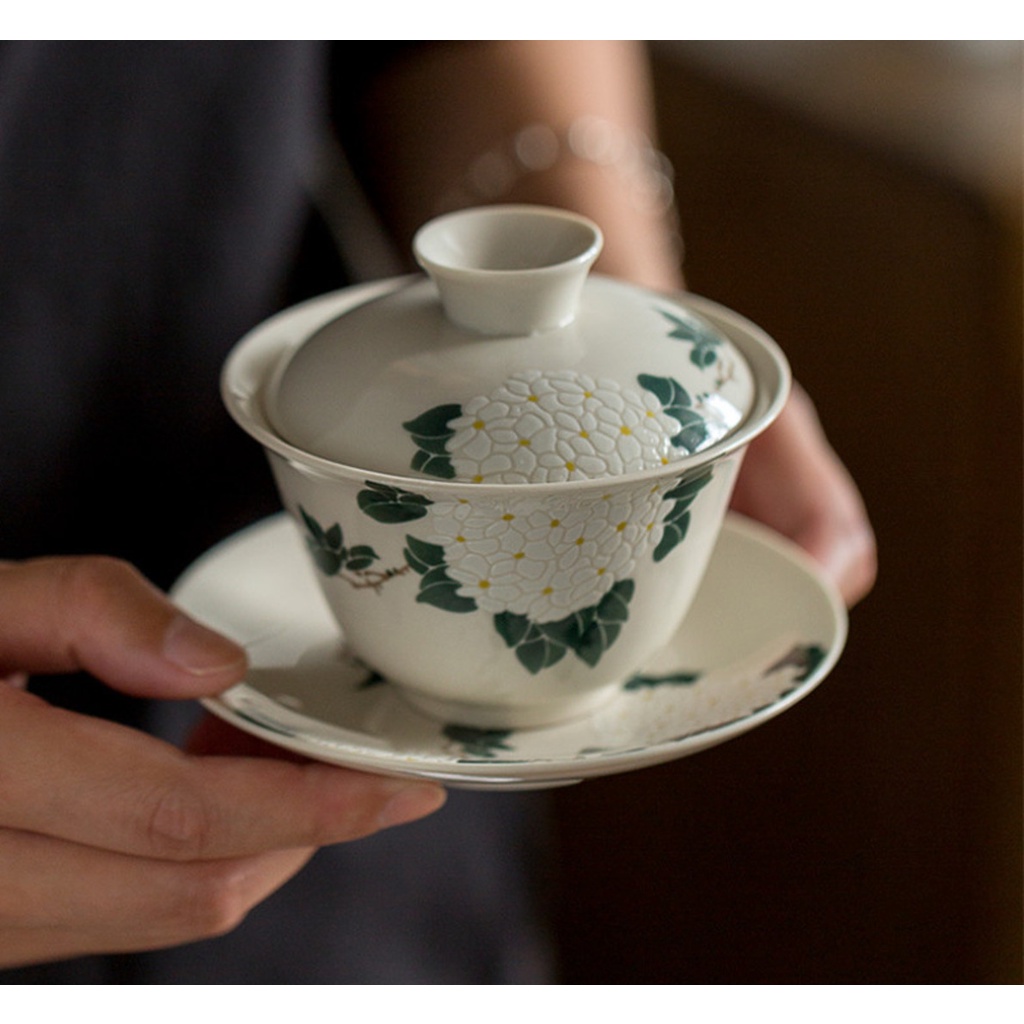 Gốm thủ công kung fu gaiwan sáng tạo bằng tay-sơn hoa cúc trà tureen bộ trà văn phòng bát trà với đĩa đồ uống