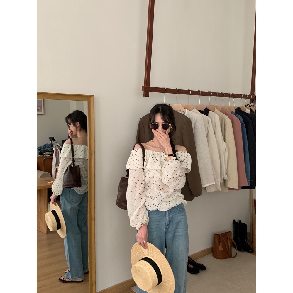 Áo Sơ Mi Nữ Hở Vai Dáng Rộng Họa Tiết Chấm Bi Phong Cách Hàn Quốc Mới