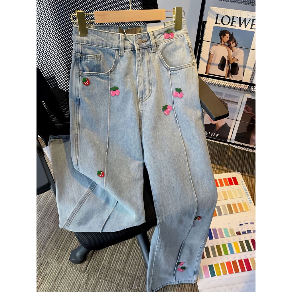 Quần Jeans Ống Rộng Thêu Họa Tiết 3D Thời Trang Cho Nữ