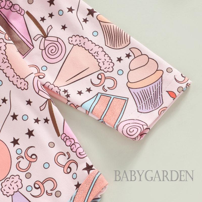 Bộ Áo Liền Quần Tay Dài Cổ Tròn In Họa Tiết Kem + Đầm Yếm Xinh Xắn Thời Trang Cho Bé Gái Từ 0-18 Tháng Tuổi