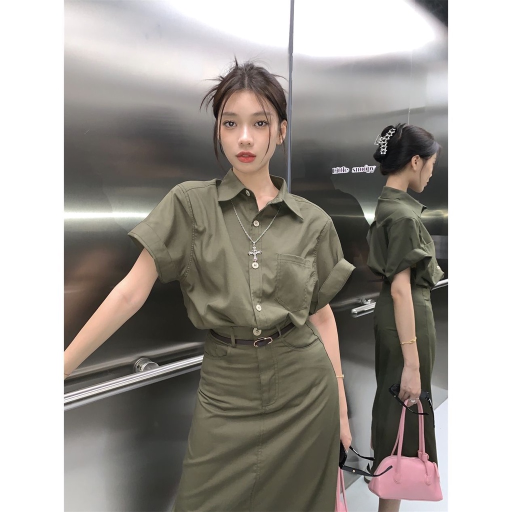 2023 Art Family loose-fringed short-sleeved shirt woman + tall medium and long A-shaped skirt two-piece set