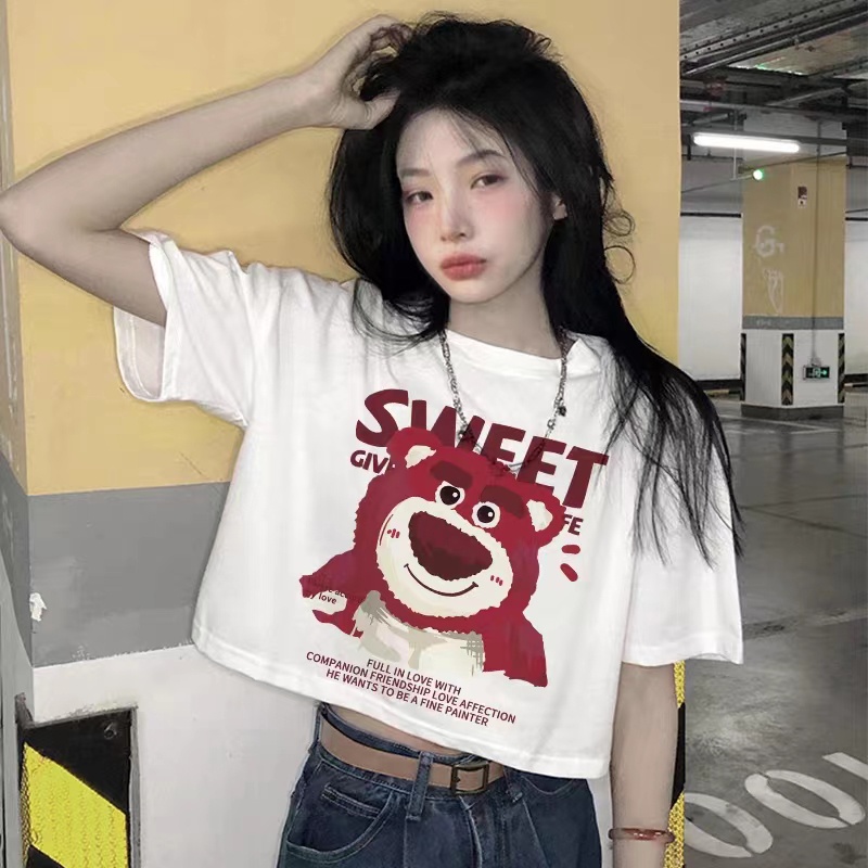Áo Thun crop top Tay Ngắn Cổ Tròn In Họa Tiết Gấu Và Dâu Tây Thời Trang Cho Nữ