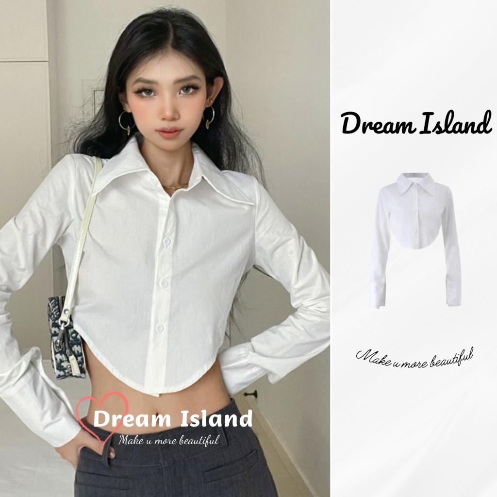 『Dream Island』Áo Sơ Mi Croptop Tay Dài Màu Trắng Cổ POLO Thiết Kế Không Đồng Đều Phong Cách Mới Mùa Thu