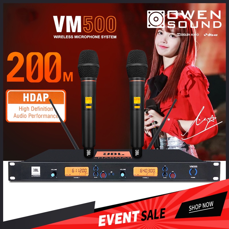 JBL VM-500 micro không dây UHF Tần số nổi mic kim loại hát karaoke microphone 2 anten thu sóng xa 200m Lõi micro nhập