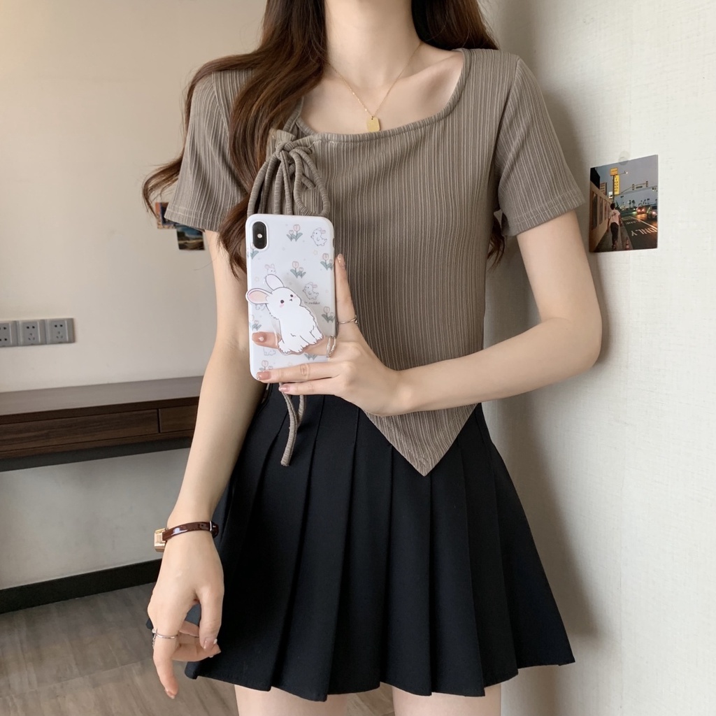 Áo Thun Ngắn Tay Phối Dây Rút Thời Trang Mùa Hè Dành Cho Nữ