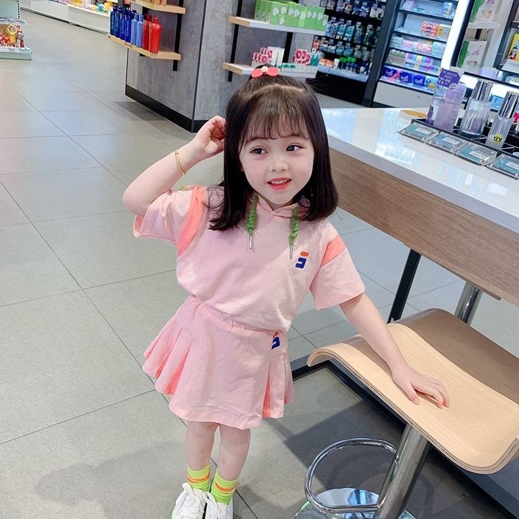 Set Áo Thun Ngắn Tay Có Mũ + Chân Váy Ngắn Phong Cách Hàn Quốc Thời Trang Mùa Hè Cho Bé Gái 1-14 Tuổi