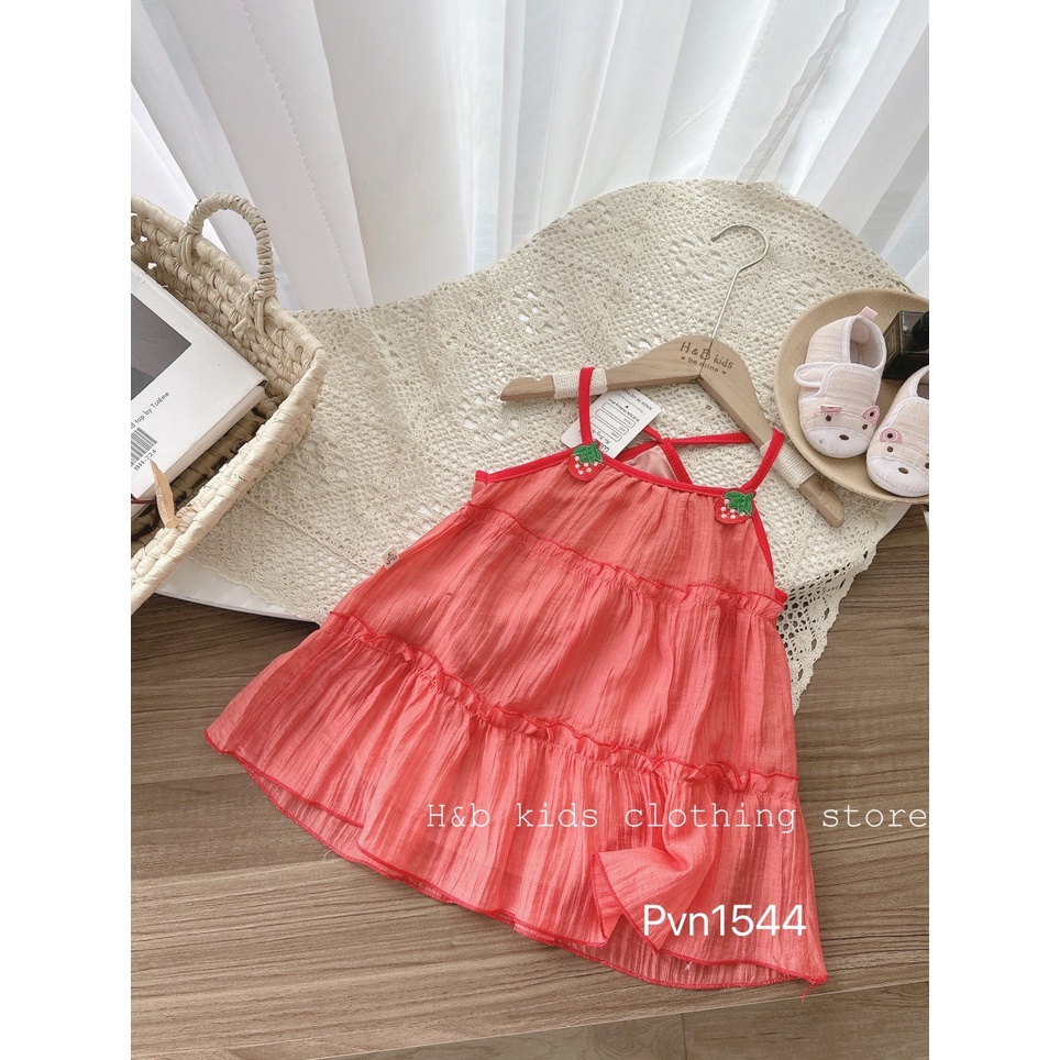 Đầm Hai Dây Mùa Hè Cho Bé Gái Đính Hình Quả Dâu, Chất voan Lụa Tơ Mềm Mịn Mát 8-20kg