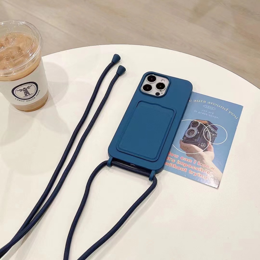 Ốp Điện Thoại Silicone Mềm Màu Khaki Có Dây Đeo Chéo Vai Cho iPhone 14ProMax 13 12Pro 11 XS 7P