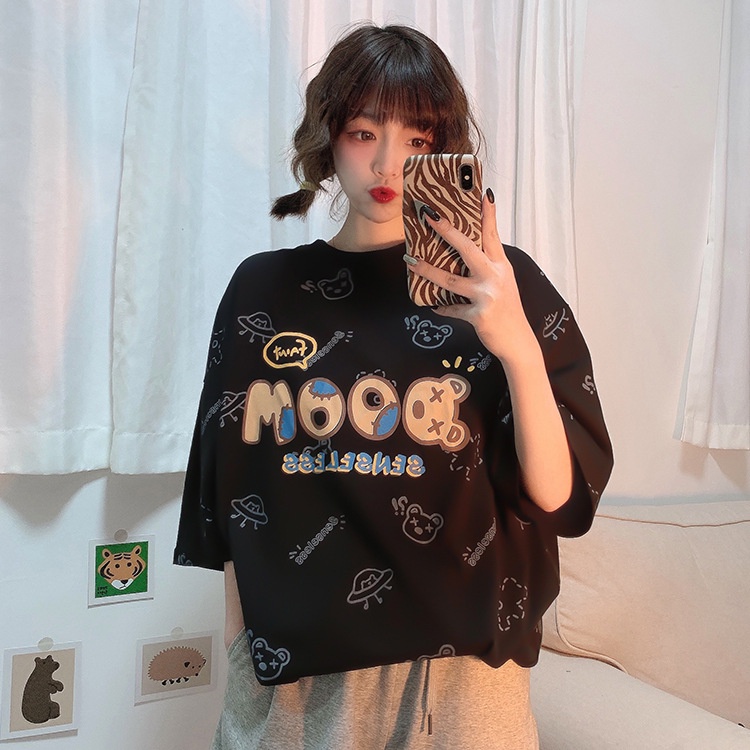 IELGY  Áo Thun Tay Ngắn Cổ Tròn In Họa Tiết Hoạt Hình Phong Cách Hàn Quốc Thời Trang Cho Nữ