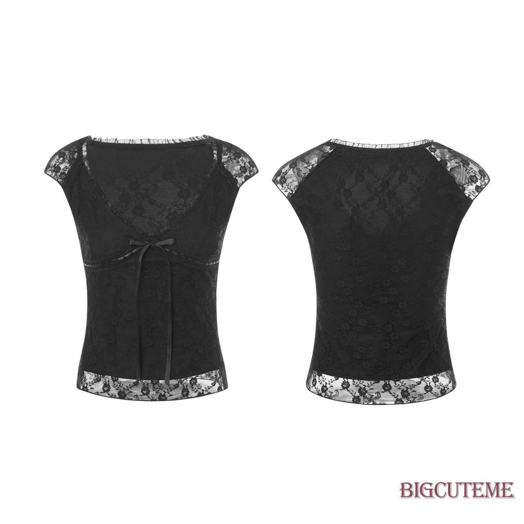 Áo Croptop Màu Đen Cổ Chữ V Phối Ren Hoa Phong Cách Vintage Y2K