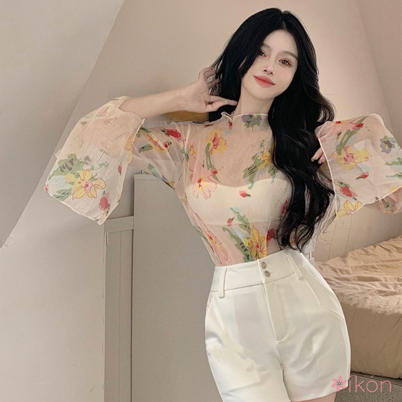 Áo Sơ Mi Chiffon Cổ Rùa Tay Dài Ống Loe In Họa Tiết Hoa Ngọt Ngào Thời Trang Cho Nữ