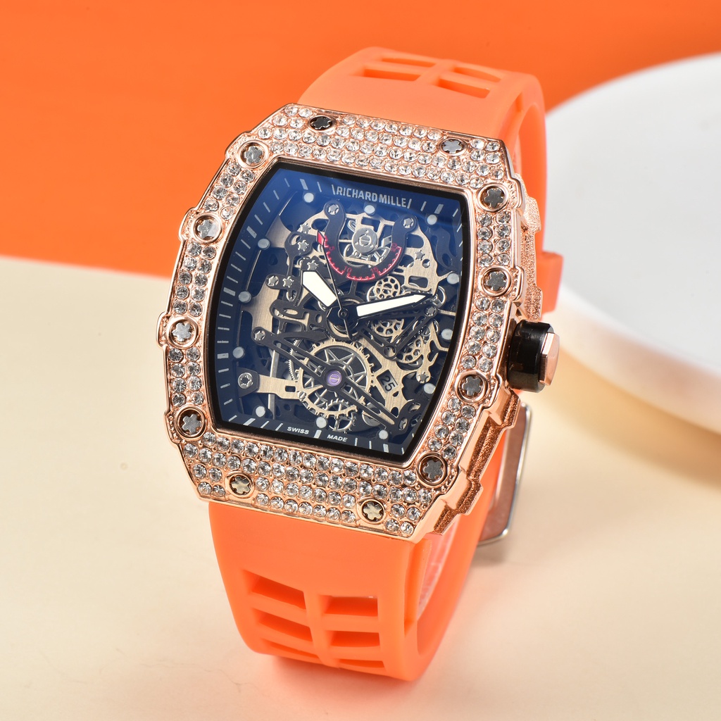 Đồng hồ đeo tay máy quartz nam dây cao su mặt đính kim cương thời trang