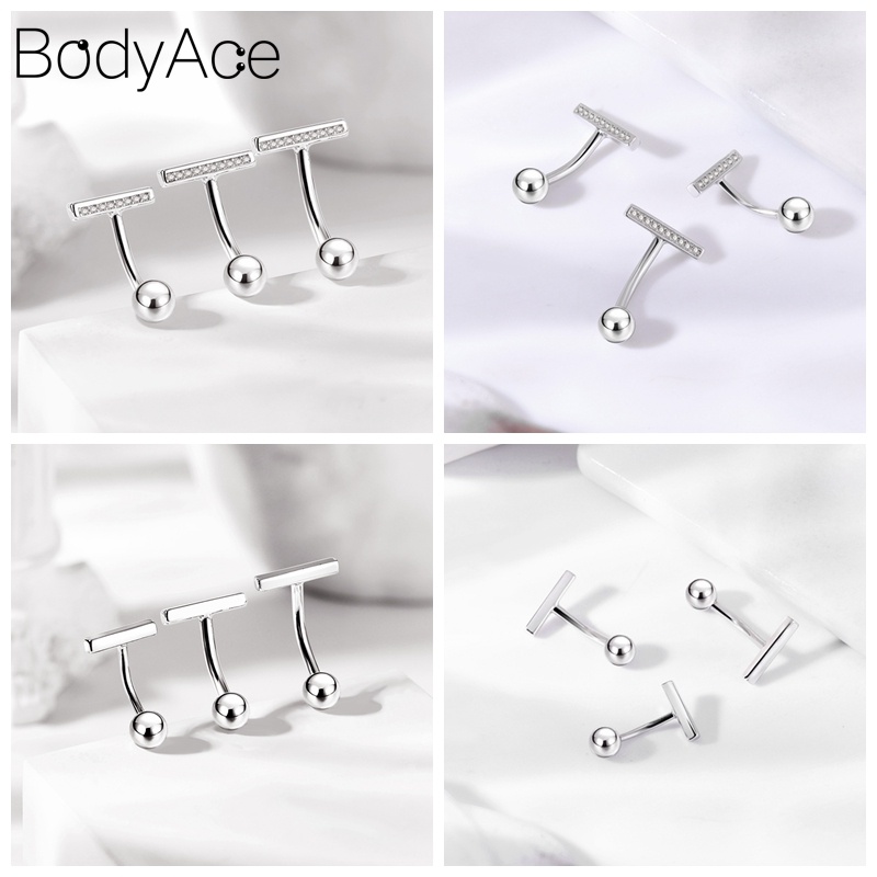 1 Khuyên Rốn Dạng Thanh Tạ Hình Chữ T Bằng Bạc Sterling 925 8 / 10 / 12mm