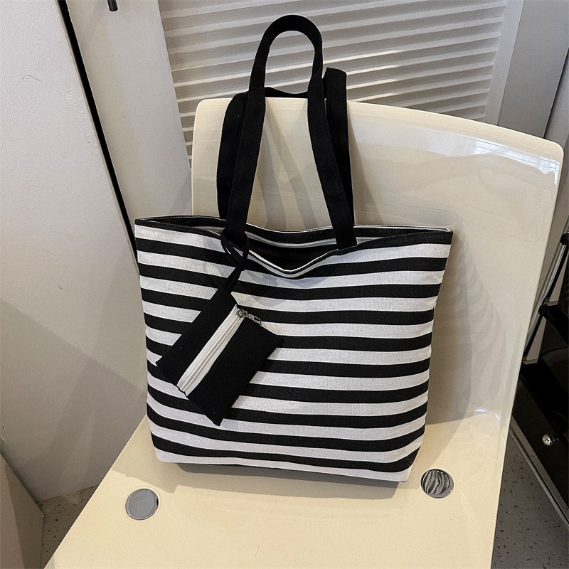 Túi Tote Đeo Vai Vải Canvas Họa Tiết Kẻ Sọc Cỡ Lớn Thời Trang Hàn Quốc 2023 Cho Nữ