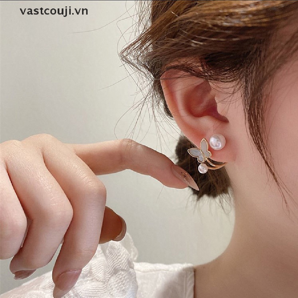 Khuyên Tai Hình Bướm Đính Ngọc Trai Nhân Tạo Thanh Lịch Cho Nữ
