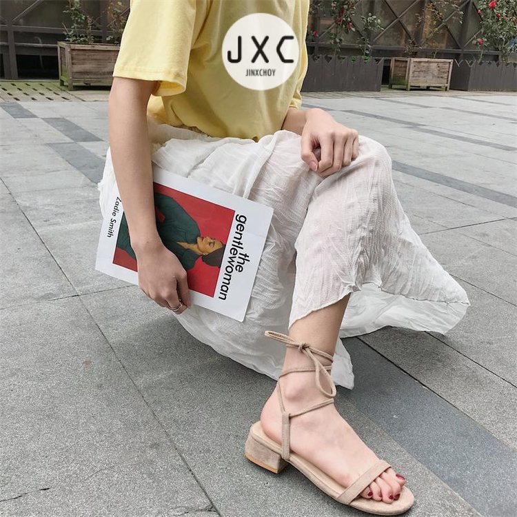 JINxCHOY Giày sandal mũi tròn phối dây thắt thời trang dành cho nữ JINXCHOY