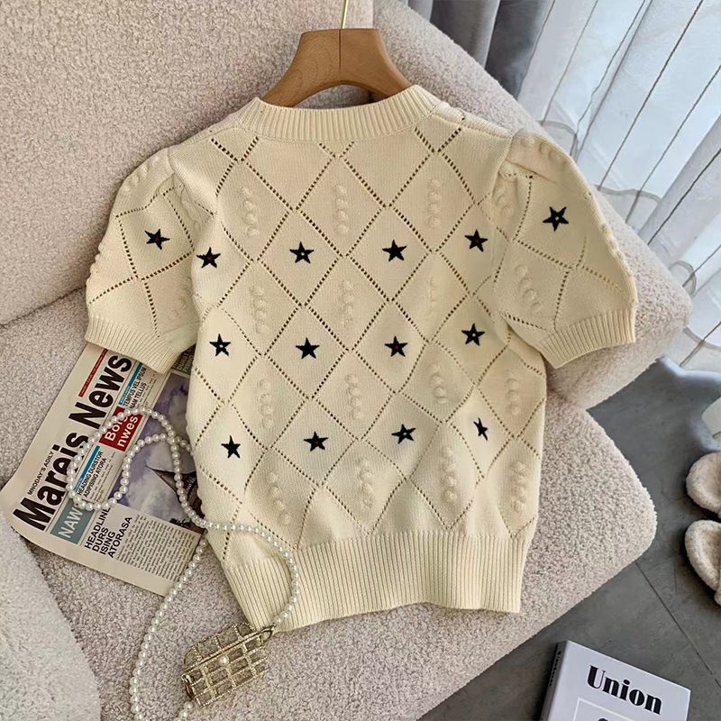 Áo Thun Dệt Kim Mỏng Tay Ngắn Phồng Thời Trang Mùa Hè