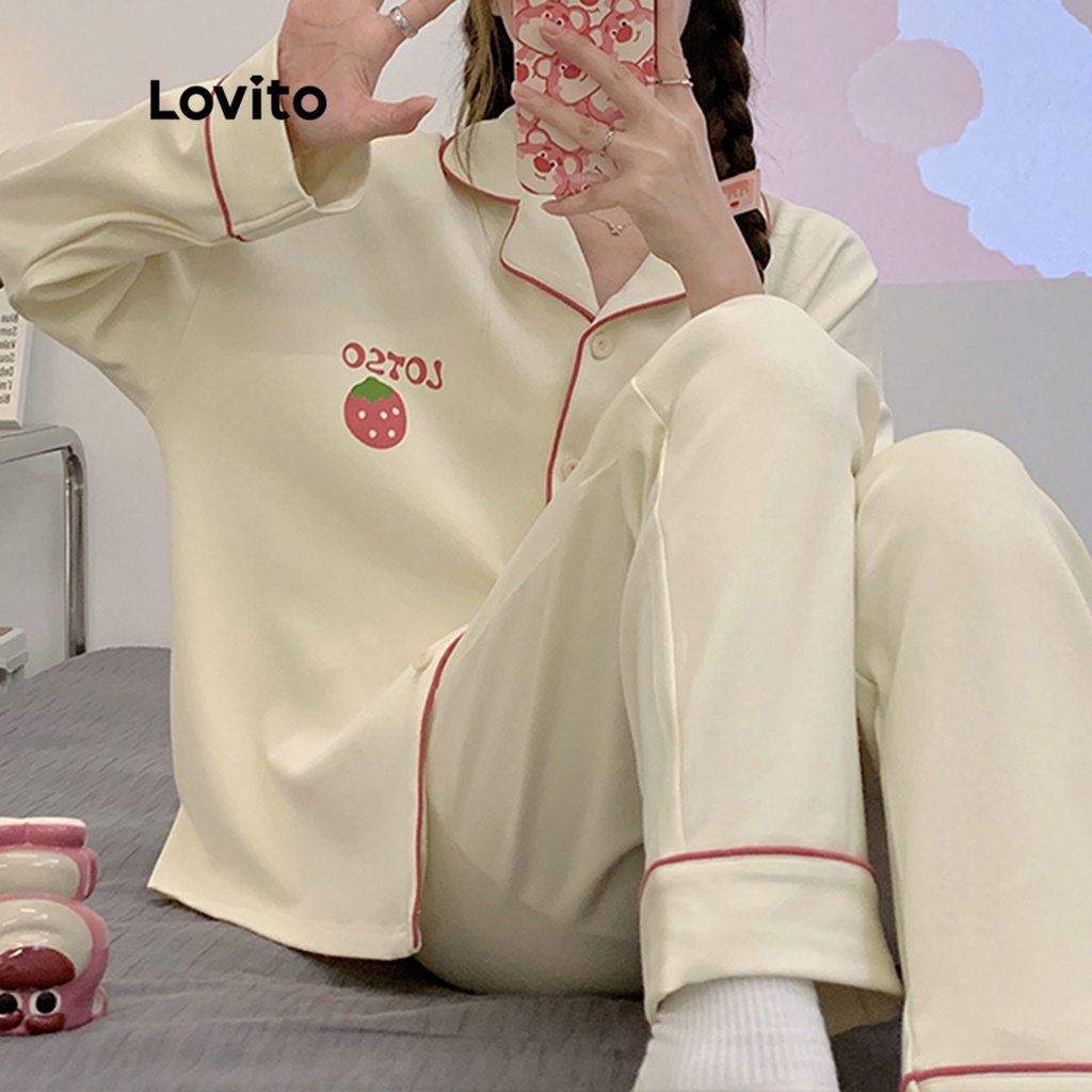 Lovito Bộ Pyjama Dài Tay Có Cổ Hoạt Hình Dễ Thương Cho Nữ LNE06189 (Trắng)