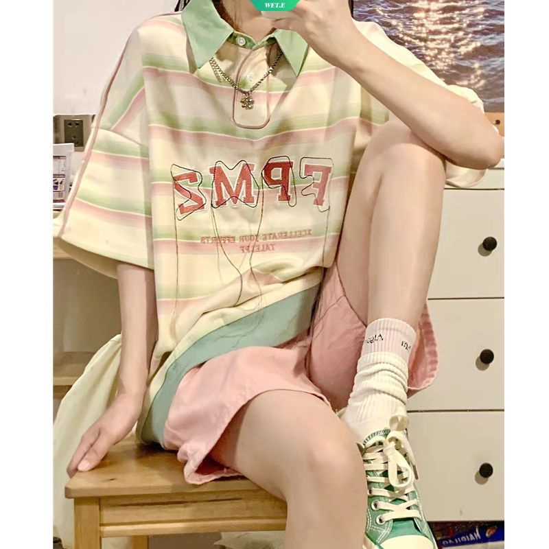 Áo polo Tay Ngắn Dáng Rộng Họa Tiết Kẻ Sọc Thời Trang Mùa Hè 2023 Cho Nữ