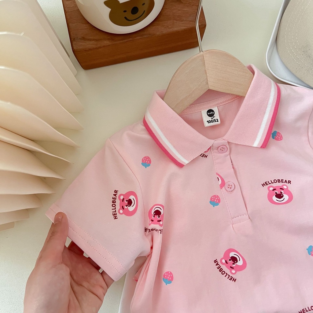 Áo Thun Polo Ngắn Tay Họa Tiết Hoạt Hình Gấu Và Dâu Tây Thời Trang Mùa Hè Cho Bé Gái