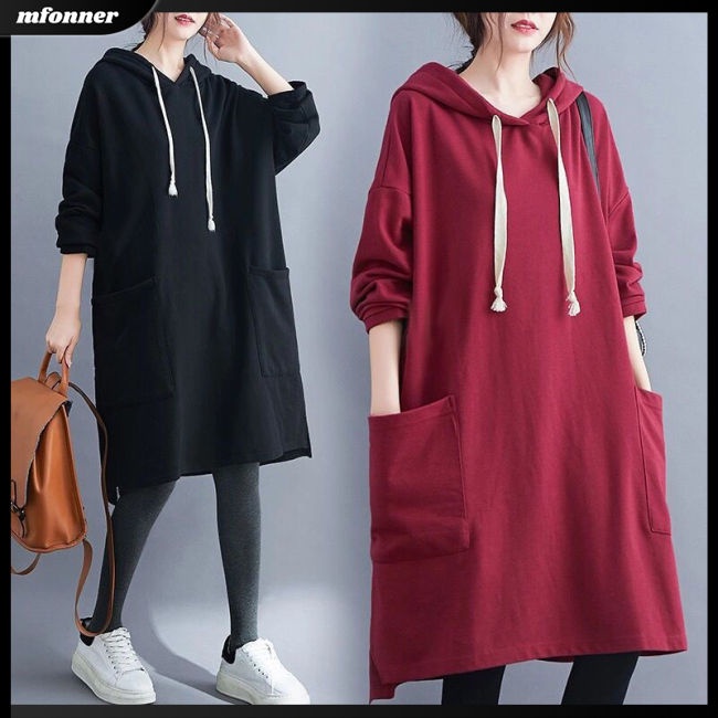 Đầm Hoodie Mỏng Dáng Rộng Tay Dài Màu Sắc Đơn Giản Cho Nữ Có Size Lớn
