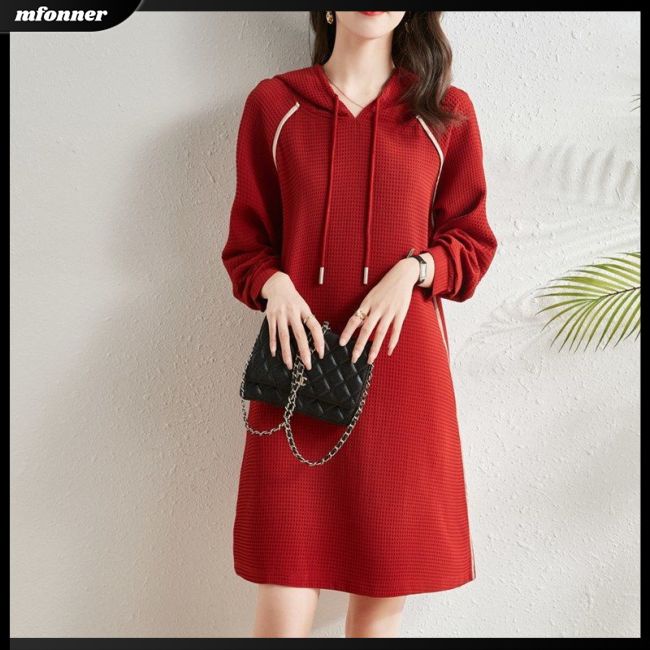 Đầm Hoodie Tay Dài Dáng Rộng Phối Dây Rút Thời Trang Cho Nữ