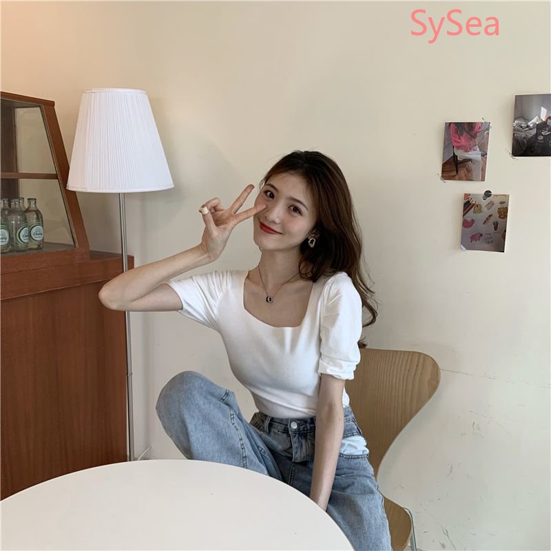 Áo Dệt Kim Tay Phồng Cổ Vuông Xếp Ly Xinh Xắn Cho Nữ