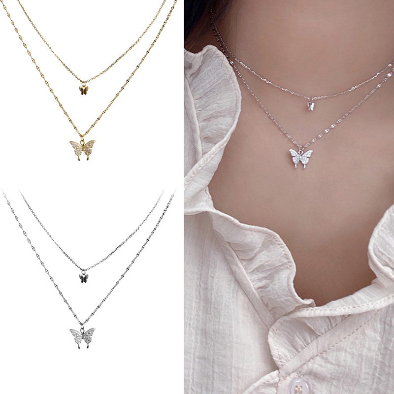 Vòng cổ Hai Lớp Mặt Hình Bướm Lấp Lánh Sang Trọng Cho Nữ