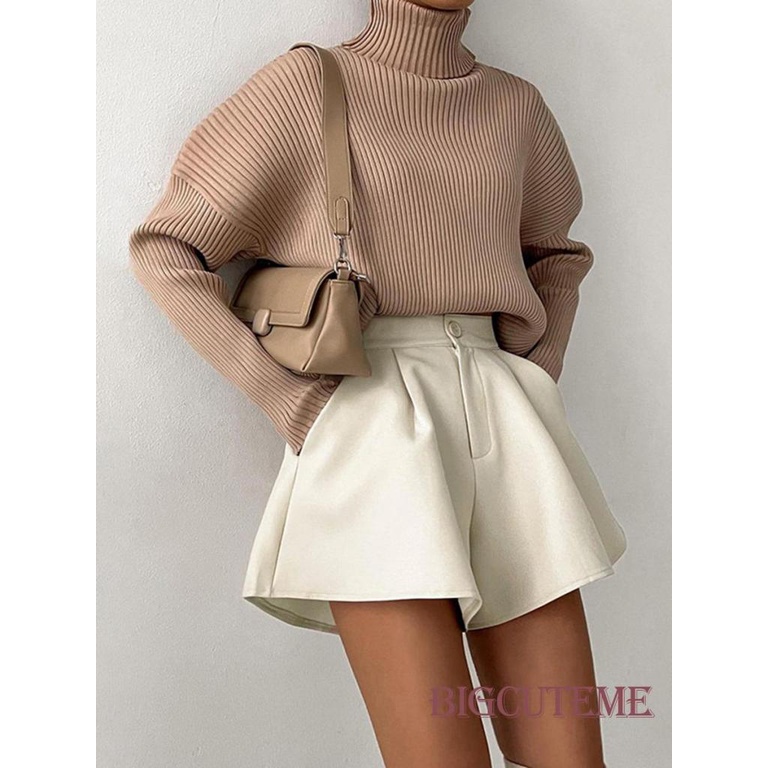 [] - Quần ngắn ống rộng Lưng Cao Màu Trơn Thời Trang Mùa Thu Đơn Giản Khí Chất Retro.Apricot / Nâu Cho Nữ