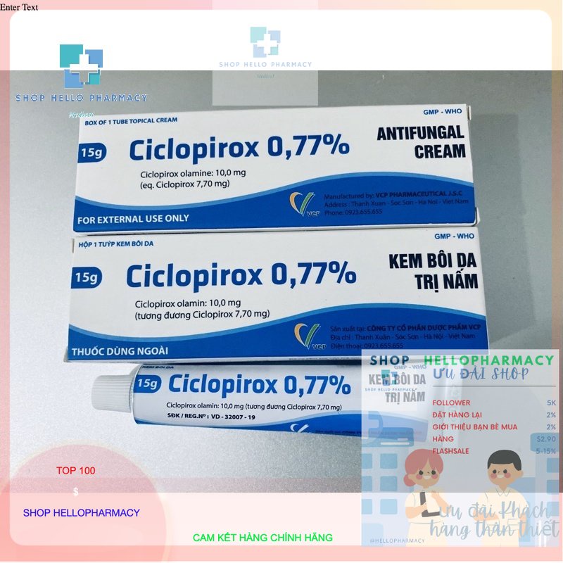Kem bôi Ciclopirox 0.77% kháng nấm phổ rộng