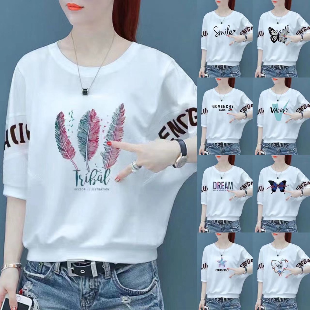 Áo Thun Tay Lửng 3 / 4 Dáng Rộng In Họa Tiết Plus Size Phong Cách Hàn Quốc Cho Nữ