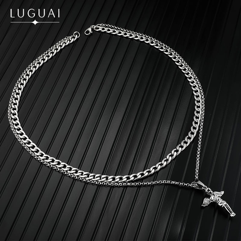 Vòng cổ Hai Lớp Bằng Thép Titan Mặt Thiên Thần Nhỏ Cá Tính Không Phai Màu Phong Cách Mỹ Cho Nam