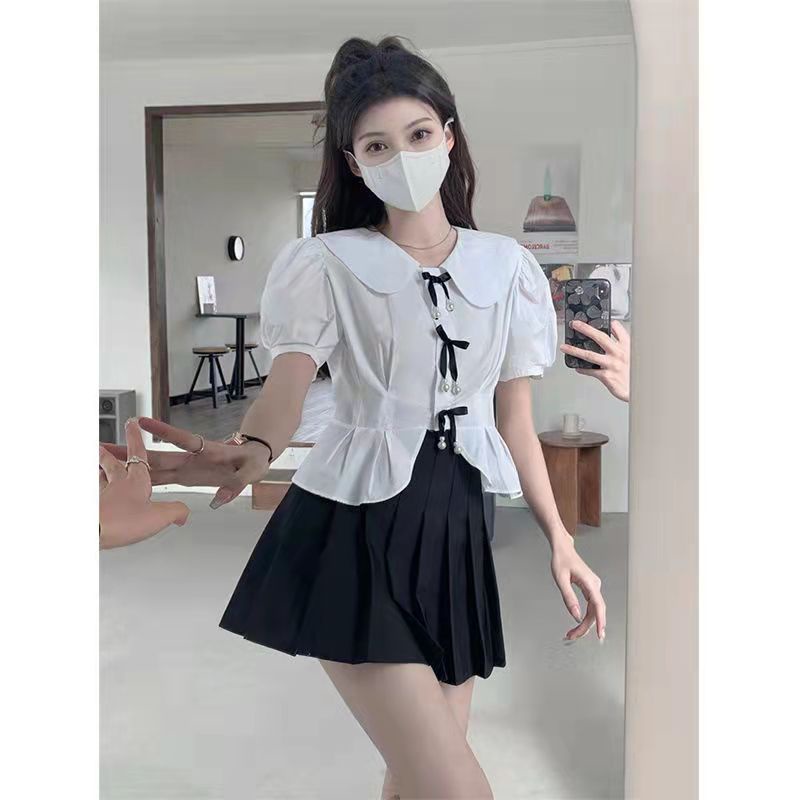Set Áo Sơ Mi Tay Ngắn Phồng Cổ Búp Bê Thắt Nơ Phối Chân Váy Xếp Ly Thời Trang Mùa Hè Cho Nữ