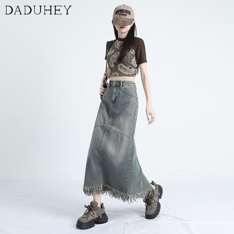 Chân váy DADUHEY denim dáng chữ A dài vừa rộng lưng cao viền thô size lớn phong cách Hàn Quốc retro mới thời trang