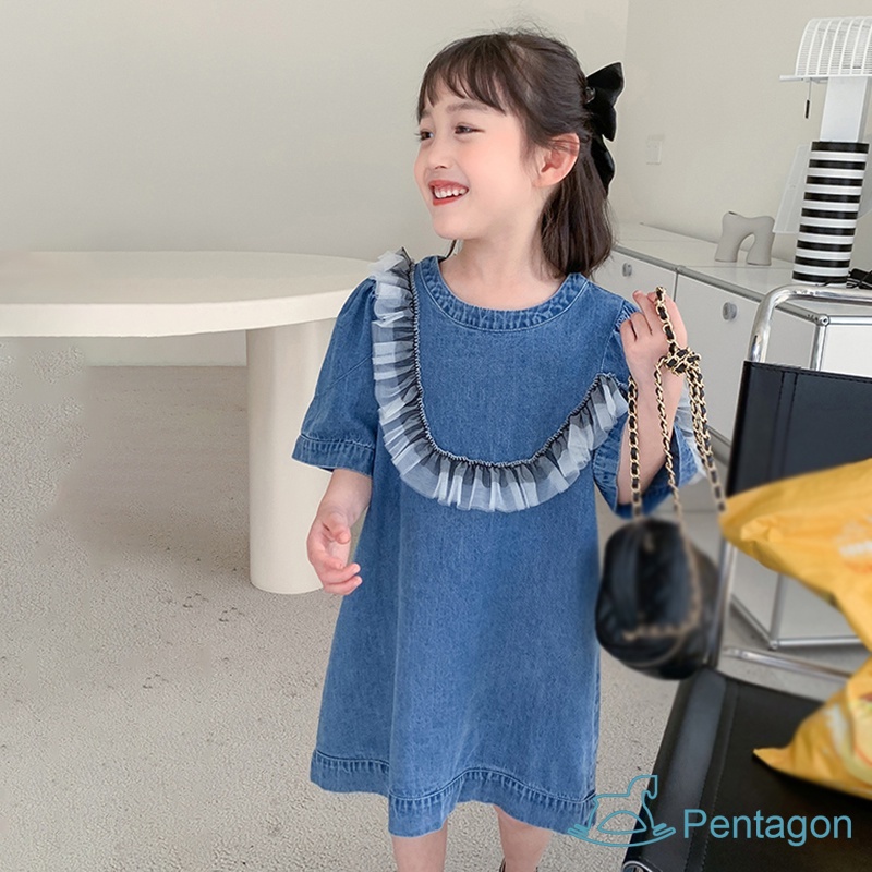 Đầm Denim Cổ Tròn Tay Phồng Màu Trơn Thời Trang Hàn Quốc Xinh Xắn Cho Bé Gái