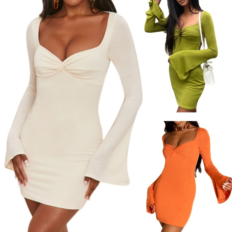 Đầm Mini Ôm Dáng Tay Dài Loe Cổ Xoắn Thắt Nút Trước Thời Trang Cho Nữ