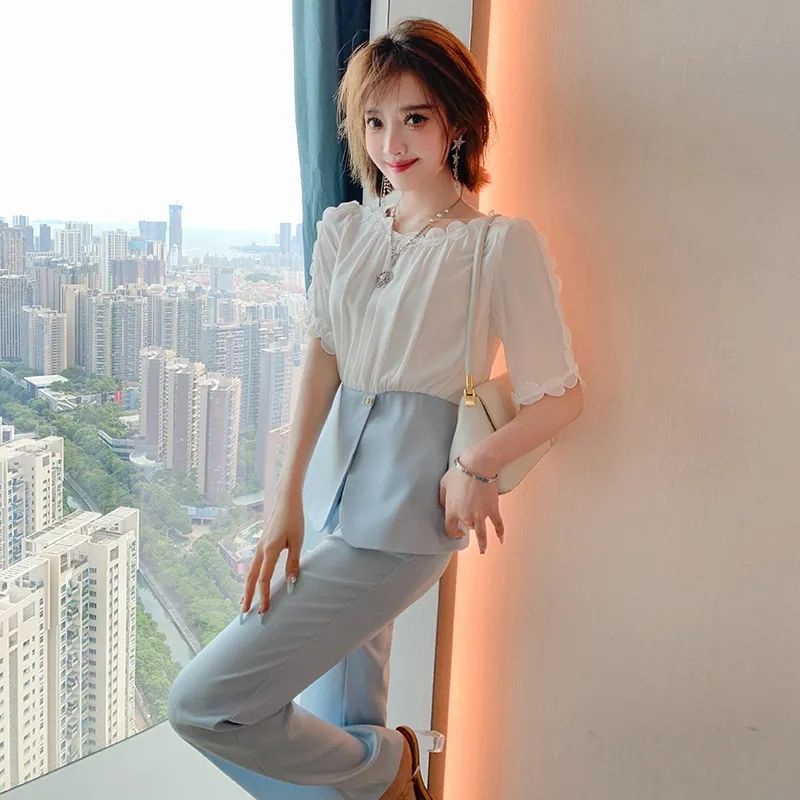 Bộ Áo Họa Tiết Hoa Màu Tương Phản Cao Cấp + Quần Ống Đứng Ôm Dáng Thời Trang Mùa Hè Hàng Mới 2023 Dành Cho Bạn Nữ